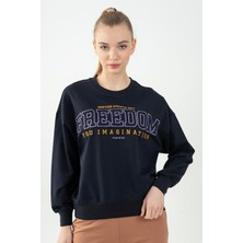 Maraton Oversize Kadın Bisiklet Yaka  Lacivert Sweatshirt