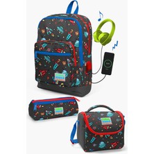 Coral High Kids Koyu Gri Kırmızı Uzay Desenli Usb'li 3’lü Okul Çanta Seti SET0123279