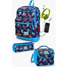 Coral High Kids Lacivert Mavi Uzay Desenli Usb'li 3’lü Okul Çanta Seti SET0123280