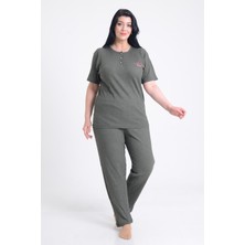 Pınkmark Kadın Haki Kısa Kol Nakışlı Büyük Beden Pijama Takımı PMTK25606