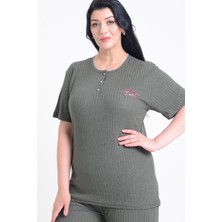 Pınkmark Kadın Haki Kısa Kol Nakışlı Büyük Beden Pijama Takımı PMTK25606