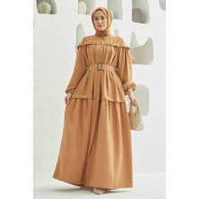 Neways 6605-CARLA Büzgülü Kuşaklı Elbise Camel