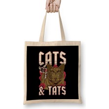Funny Cats & Tats Inked Tattoo Obsessed Cat Lover Bez Çanta Uzun Saplı