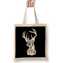 Retro Animal Stag Nvr Out Of Style White Bez Çanta Uzun Saplı
