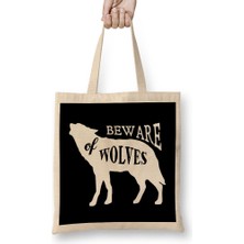 Humuts Retro Animal Wolf Beware Of Wolves White Bez Çanta Uzun Saplı
