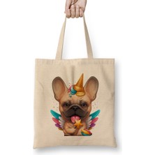 Fawn French Bulldog Ice Cream Unicorn 01 Bez Çanta Uzun Saplı