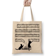 Humuts Yaramaz Komik Müzik Notalı Kedi Cat Bez Çanta Uzun Saplı