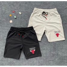 Amor Man Büyük Beden Özel Tasarım Chıcago Bulls Baskılı Pamuk Erkek 2li Şort