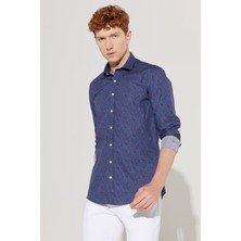 Altınyıldız Classics Erkek Mavi-Bordo Slim Fit Dar Kesim Küçük İtalyan Yaka %100 Pamuk Baskılı Gömlek