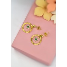 Papatya Silver 925 Ayar Gümüş Gold Kaplama Yıldız Çember, Mini Yeşil Taşlı Çiçek Sallantılı Küpe