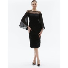 Selen O Yaka Payetli Siyah Standart Kadın Elbise 23YSL7312