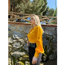 Meissa Fashion Kadın Büzgüllü Düğme Detaylı Uzun Kollu Crop Gömlek