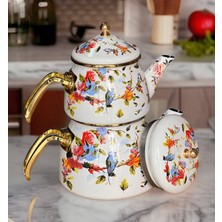 Porlistan Çiçekli Emaye Çaydanlık Takımı Çift Kapak Gold Saplı