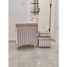 Heskar Home 3′ Lü Dikdörtgen Altın Şeritli Modern Kadife Kirli Sepeti