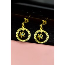 Papatya Silver 925 Ayar Gümüş Gold Kaplama Zincir Desenli Çember, Mini Papatya Sallantılı Küpe