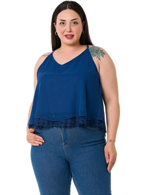 Disentis Modest Büyük Beden Sırt Dekolteli Dantel Detaylı Şifon Lacivert Bluz