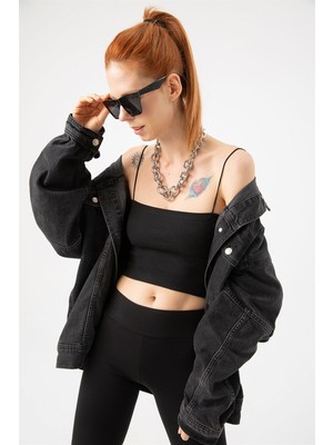 Gothamvibes Kadın Siyah Fitilli Ip Askılı Crop Top