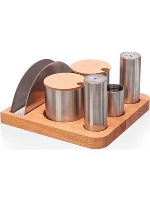 KT Home Kafe Restaurant Tuzluk Biberlik Baharatlık Kürdanlık Peçetelik Seti Kafe Paslanmaz Çelik 122