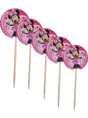 Minnie Mouse Pasta Kürdanı Doğum Günü Cupcake Süsleme Pembe Pasta Süsü Kürdan 20 Adet