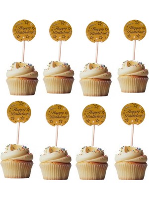 Booddie Happy Brithday Pasta Kürdan Doğum Günü Pasta Süsü Cupcake Süsleme Kürdanı Gold 20 Adet