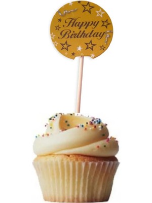 Booddie Happy Brithday Pasta Kürdan Doğum Günü Pasta Süsü Cupcake Süsleme Kürdanı Gold 20 Adet