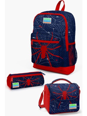 Coral High 3'lü Okul Çanta Seti Lacivert Kırmızı Örümcek Desenli Ergonomik Kullanım 14.4 Litre