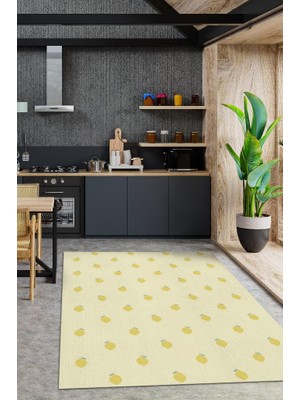Homshtag Limon Desenli Sarı Halı Minimal Salon Halısı Renkli Mutfak Halısı Tarz Oturma Odası Halı