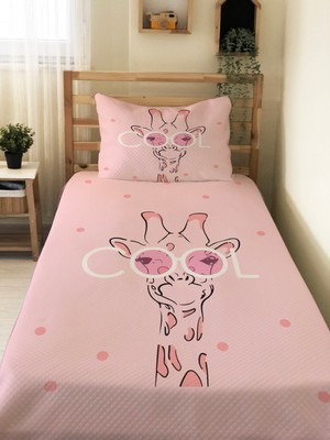 Evmila Cool Zürafa Desenli Bebek ve Çocuk Baskılı Tek Kişilik Pike Takımı 160 x 230 Pembe