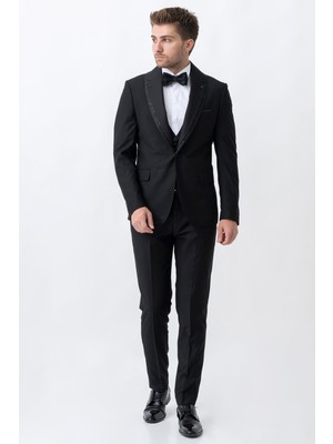 White Stone Ecatepec D113 Slim Fit Şal Yaka Damatlık Takım Elbise Siyah