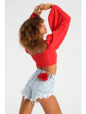 Its Basic Kadın Snow Kot Rengi Paça Püsküllü Mini Denim Şort