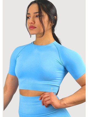 Sporcum Dikişsiz Kadın Bebek Mavisi Kısakollu Seamless Spor Crop Top - Lilium Serisi HBKKSKLLLM1001