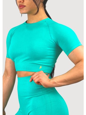 Sporcum Dikişsiz Kadın Turkuaz Kısakollu Seamless Spor Crop Top - Lilium Serisi HBKKSKLLLM1001