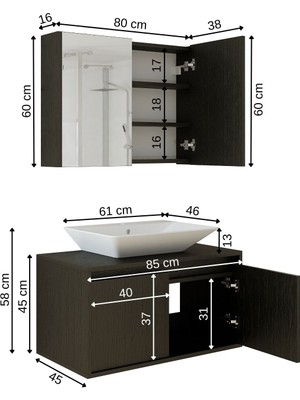 Roomart Lavabolu Mat Ahşap Siyah Suntalam 85 cm Banyo Dolabı + Aynalı Banyo Üst Dolabı