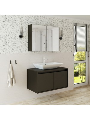 Roomart Lavabolu Mat Ahşap Siyah Suntalam 85 cm Banyo Dolabı + Aynalı Banyo Üst Dolabı