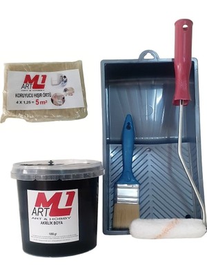 M1 Art Siyah Akrilik Boya 1.kg  Tava+Rulo+Örtü +Fırça -Set -Ahşap, Tuval, Seramik , Duvar ,taş