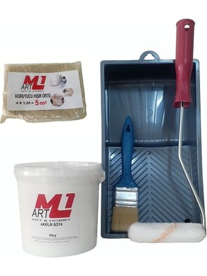 M1 Art Beyaz  Akrilik Boya 1.kg  Tava+Rulo+Örtü +Fırça -Set -Ahşap, Tuval, Seramik , Duvar ,taş