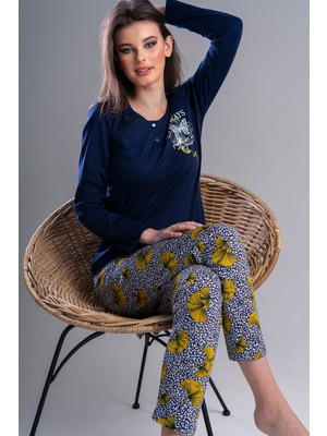 Ilısana Kadın Mavi Pamuklu Uzun Kol Pijama Takım