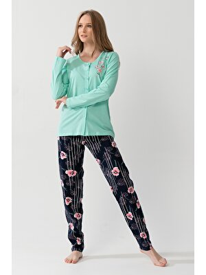 Ilısana Kadın Su Yeşili Pamuklu Tamamı Düğmeli Uzun Kol Pijama Takım