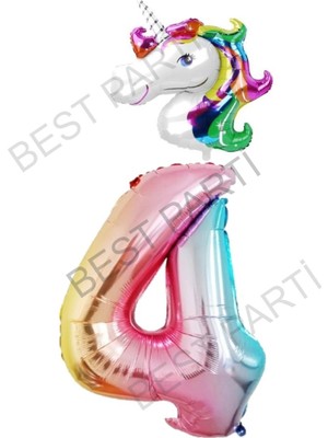 Best Parti Unicorn Folyo Balon ve Gökkuşağı Rakam Folyo Balon Seti 4