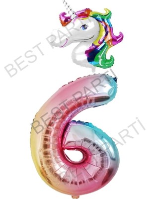 Best Parti Unicorn Folyo Balon ve Gökkuşağı Rakam Folyo Balon Seti 6