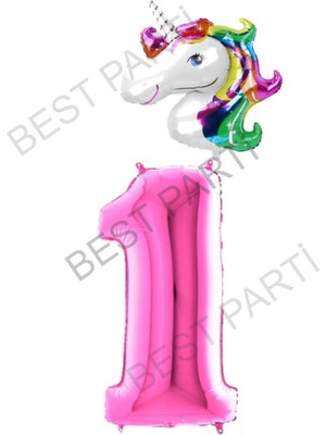 Best Parti Unicorn Folyo Balon ve Fuşya Rakam Folyo Balon Seti 1