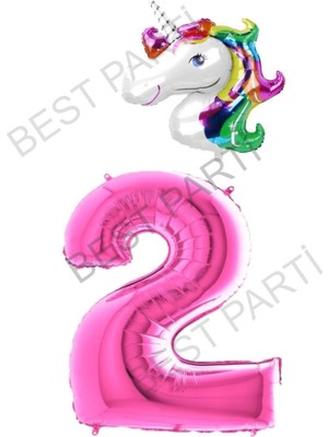 Best Parti Unicorn Folyo Balon ve Fuşya Rakam Folyo Balon Seti 2