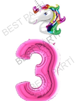 Best Parti Unicorn Folyo Balon ve Fuşya Rakam Folyo Balon Seti 3