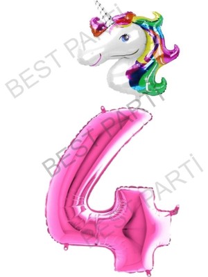 Best Parti Unicorn Folyo Balon ve Fuşya Rakam Folyo Balon Seti 4