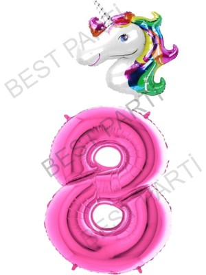 Best Parti Unicorn Folyo Balon ve Fuşya Rakam Folyo Balon Seti 8