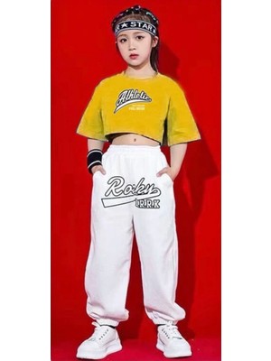 Kids Face Özel Tasarım Athletic Baskılı %100 Pamuk Kısa Kollu Yazlık Hip Hop Kız Çocuk Crop Eşofman Takımı