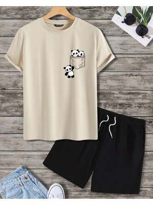 Amor Man Büyük Beden Özel Tasarım Minik Pandalar Baskılı Pamuk Yeni Trend Erkek T-Shırt Şort Takımı