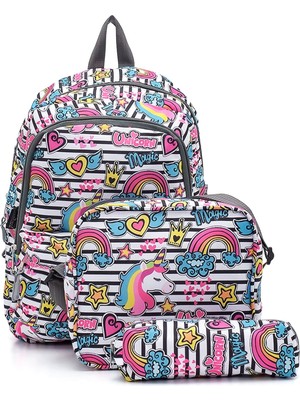 Benetton Unicorn Desenli Kız Okul Çantası 3'lü Set Polyester Materyal ile Yumuşak Dokulu