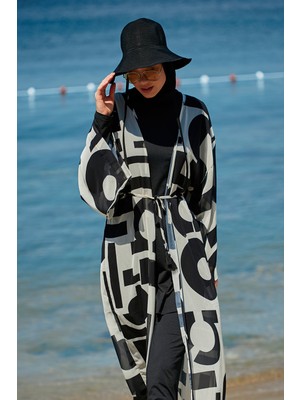 Marina Geometrik Siyah Kimono Kaftan %100 Polyester Hafif Kumaş Şık Plaj Elbisesi