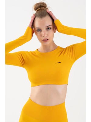Maraton SlimFit Kadın Bisiklet Yaka  Sarı Crop Top
